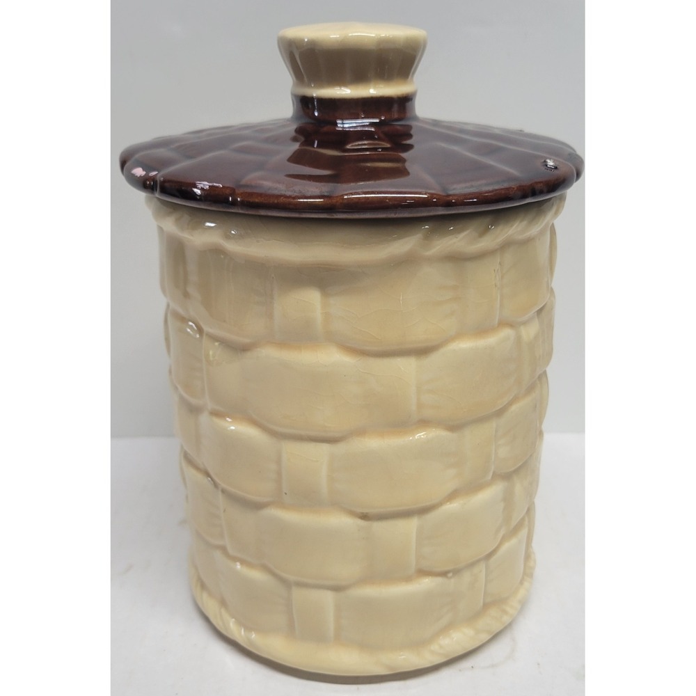 Vintage USA Pottery 1108 Basketweave Ceramic Cookie Jar Tan Brown Farmhouse 8.5"